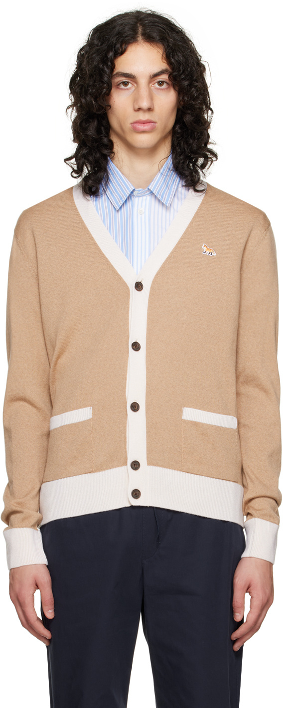 Shop Maison Kitsuné Baby Fox Patch V-neck Cardigan In Nude