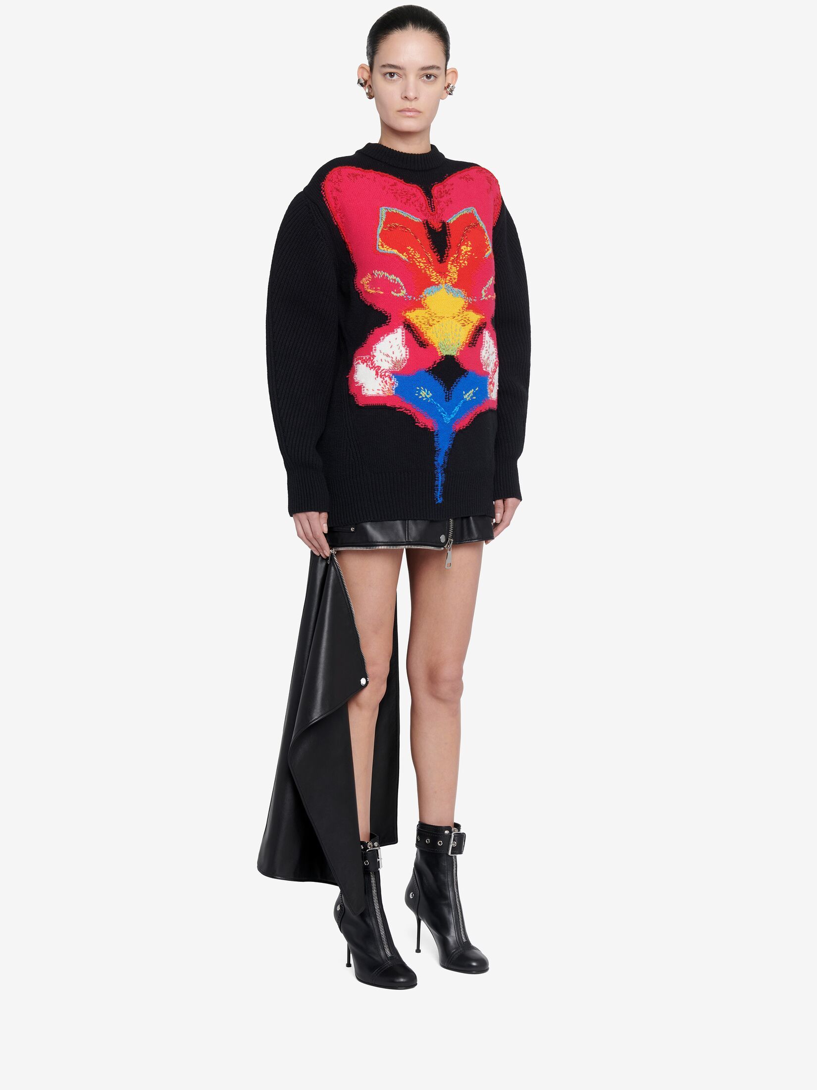 Alexander Mcqueen Orchid Intarsia Oversized Jumper In Black