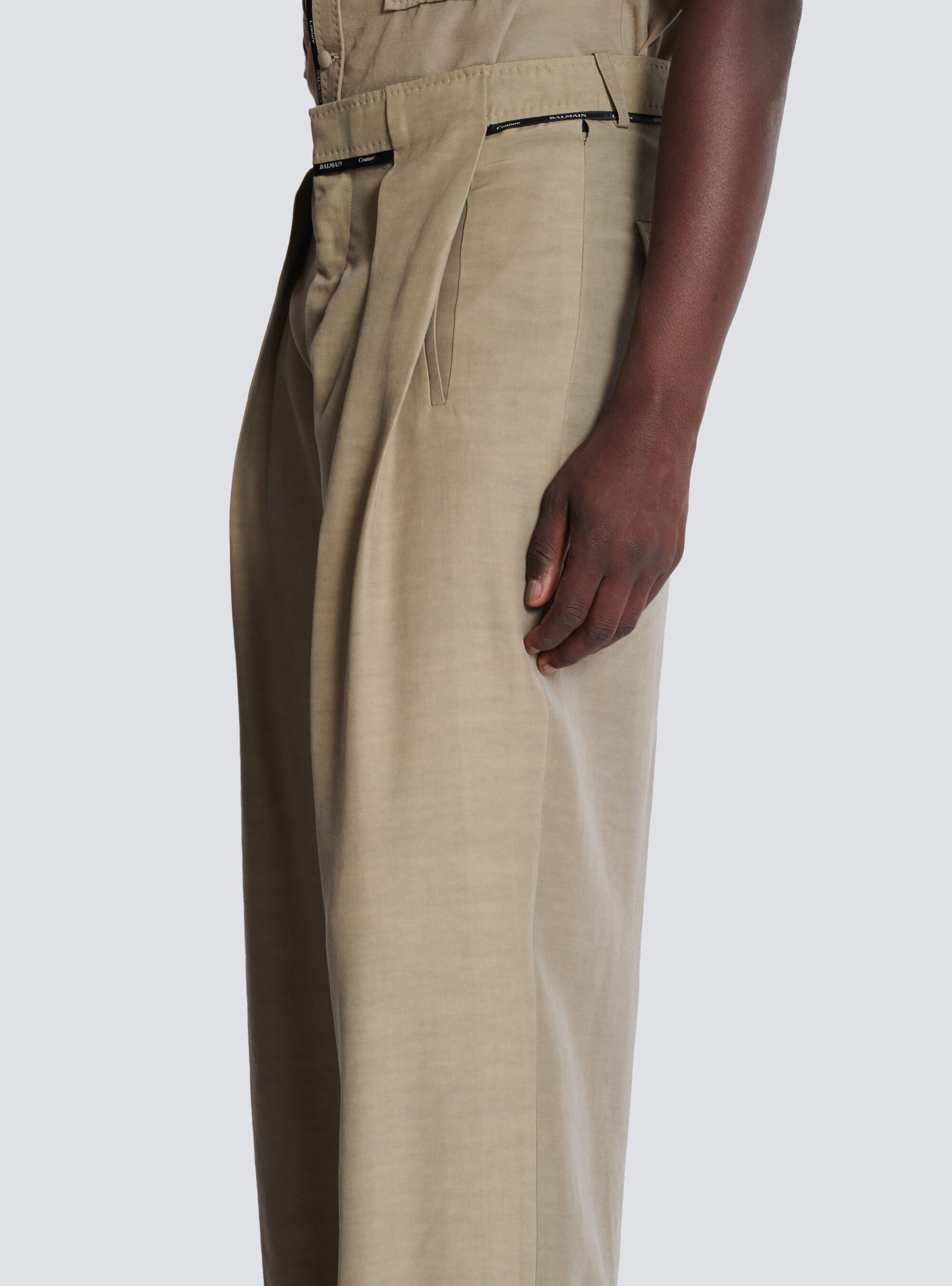 Balmain Men's Taupe Cupro Pleated Pants In Nude