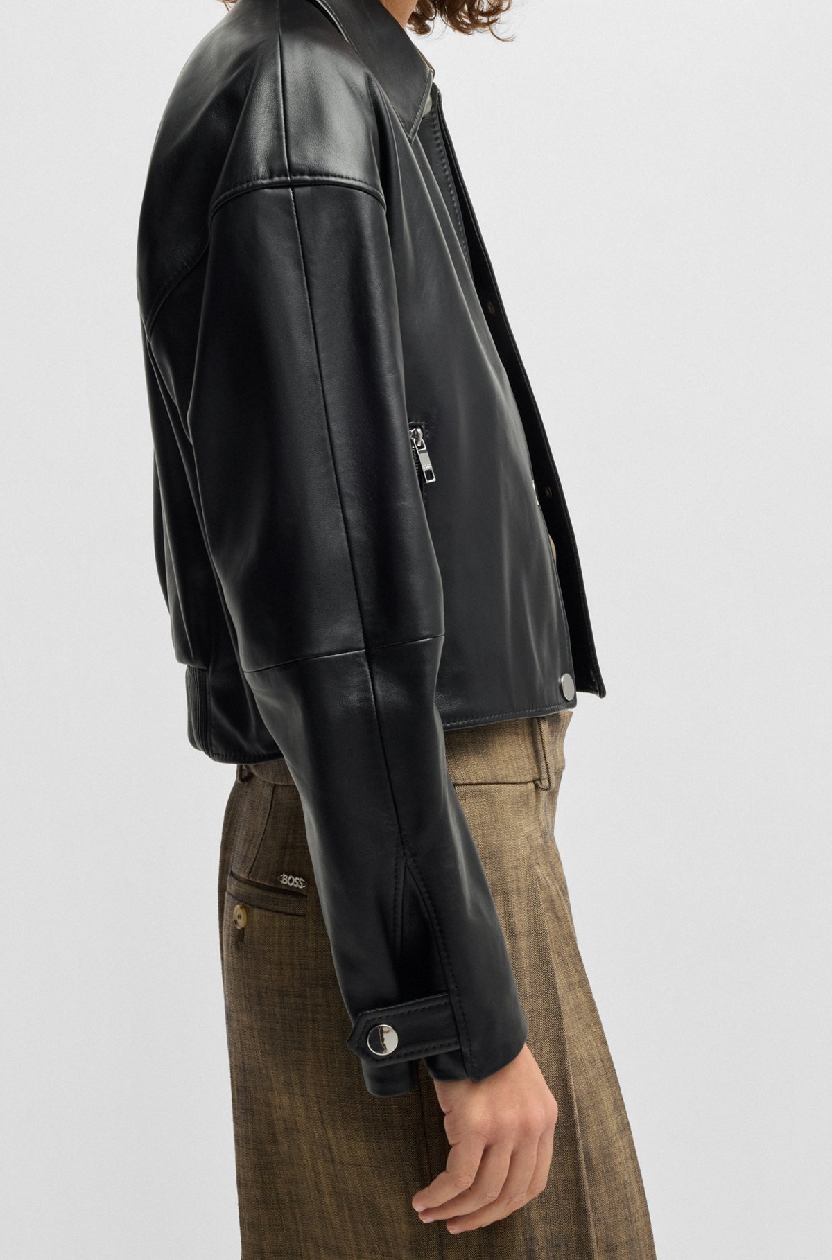 Hugo Boss Leather Jacket With Covered Press Studs In Black