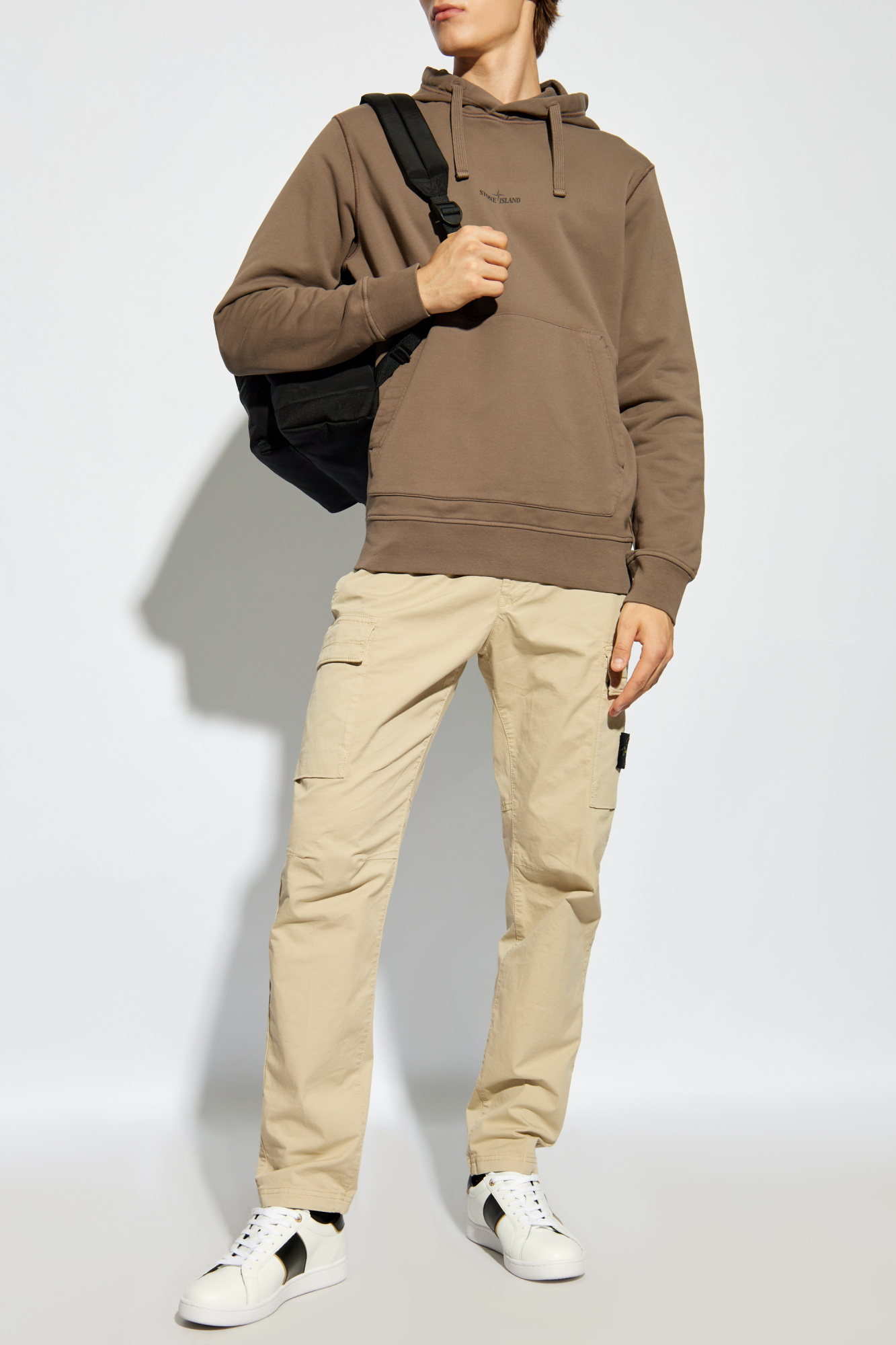 Stone Island Logo Printed Drawstring Hoodie In Brown