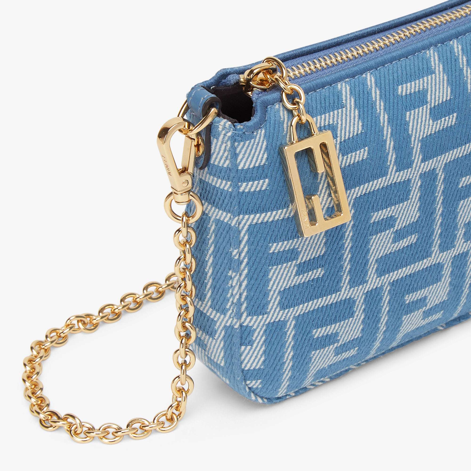 FENDI BLUE DENIM-EFFECT FF JACQUARD CHARM POUCH WITH CHAIN