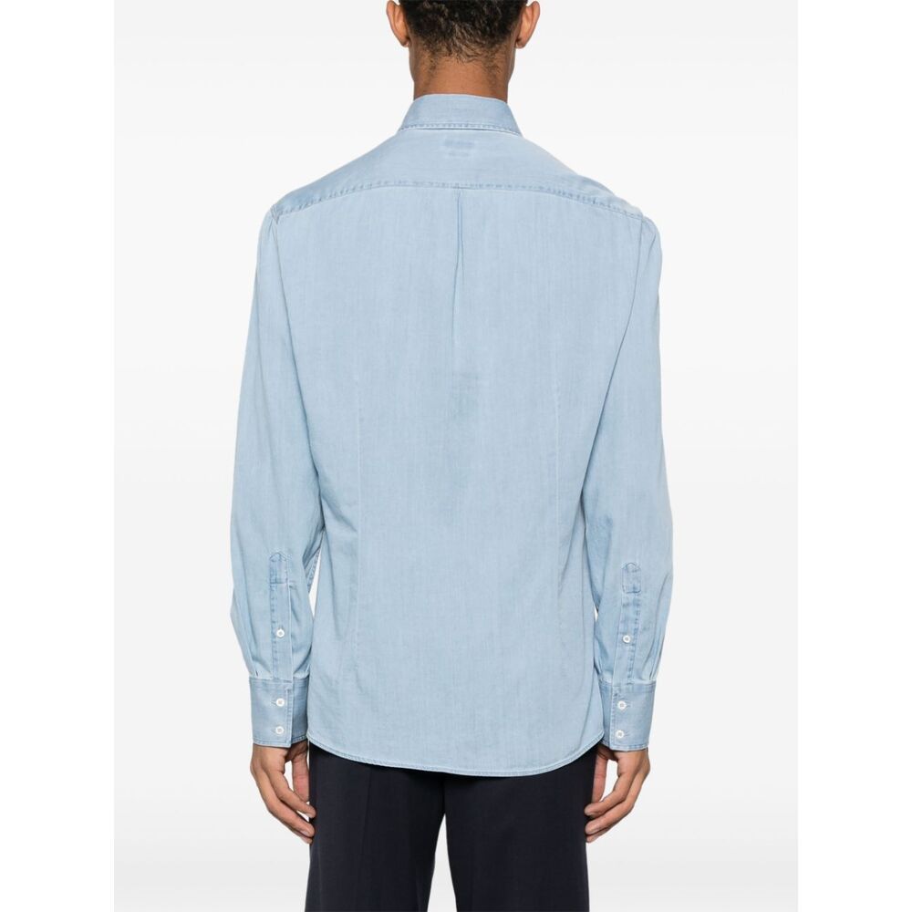 Brunello Cucinelli Denim Shirt With Long Sleeves And Curved Hem In Blue