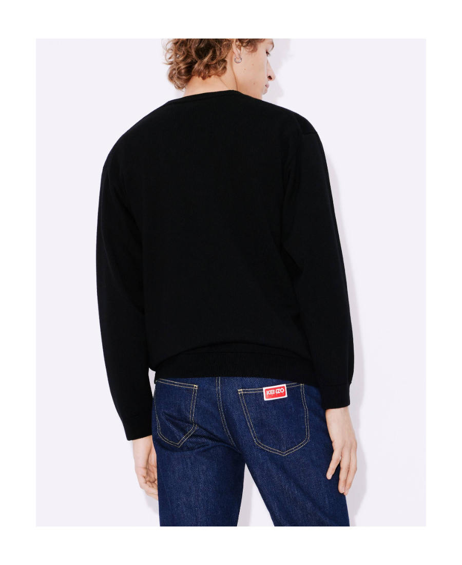 Kenzo Black Knit Jumper With Boke Flower Logo Patch On The Chest In Wool Man In Black