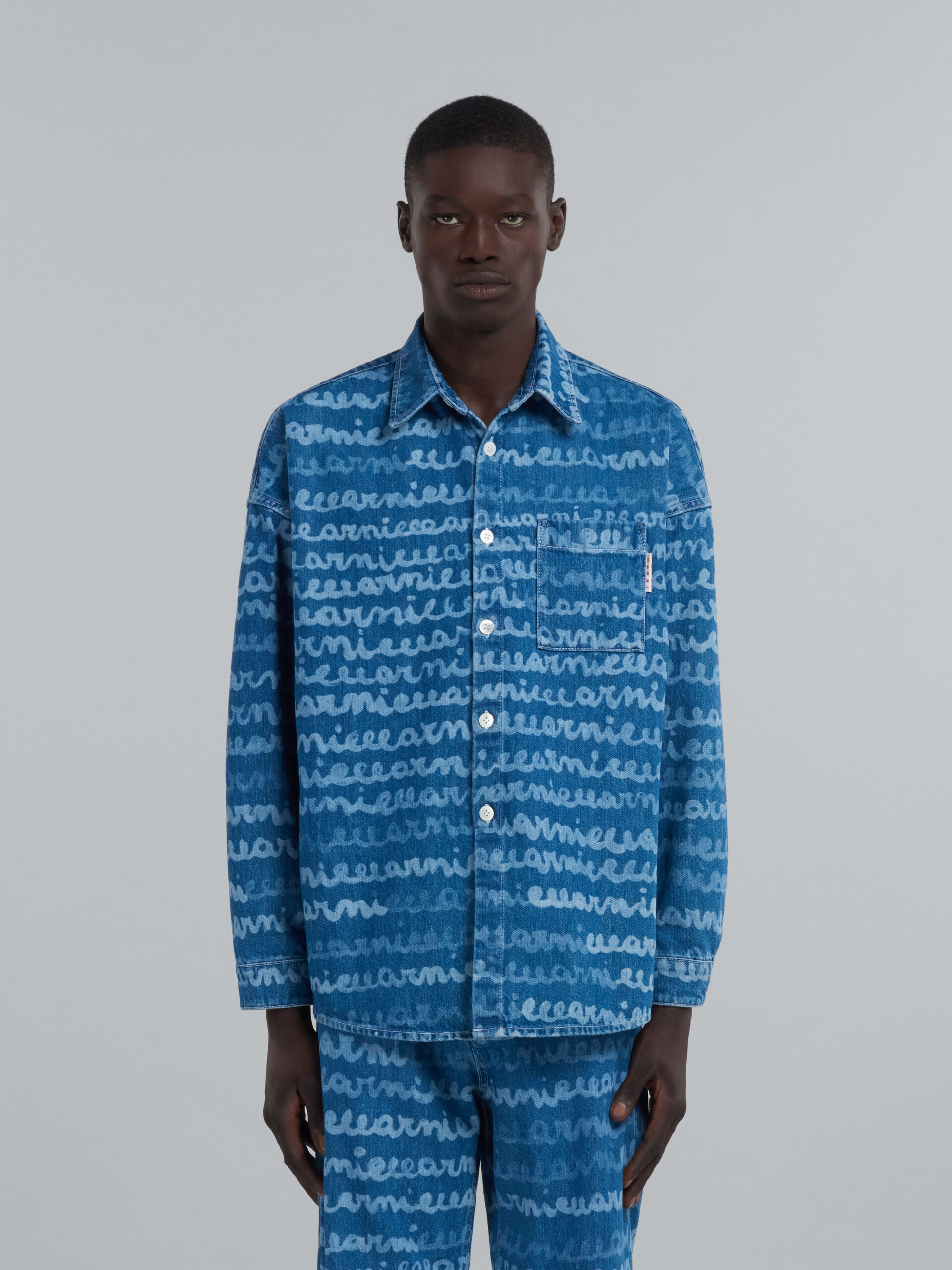Marni Handwriting-print Denim Shirt In Blue