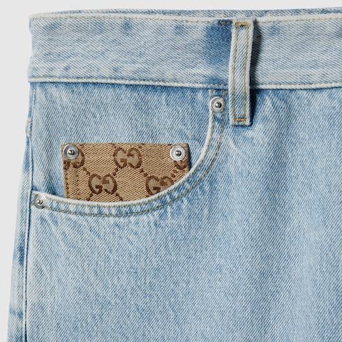 Gucci Men Light Blue Jeans With Gg Detail On The Pocket And Logo Patch On The Rear In Denim Man In Blue