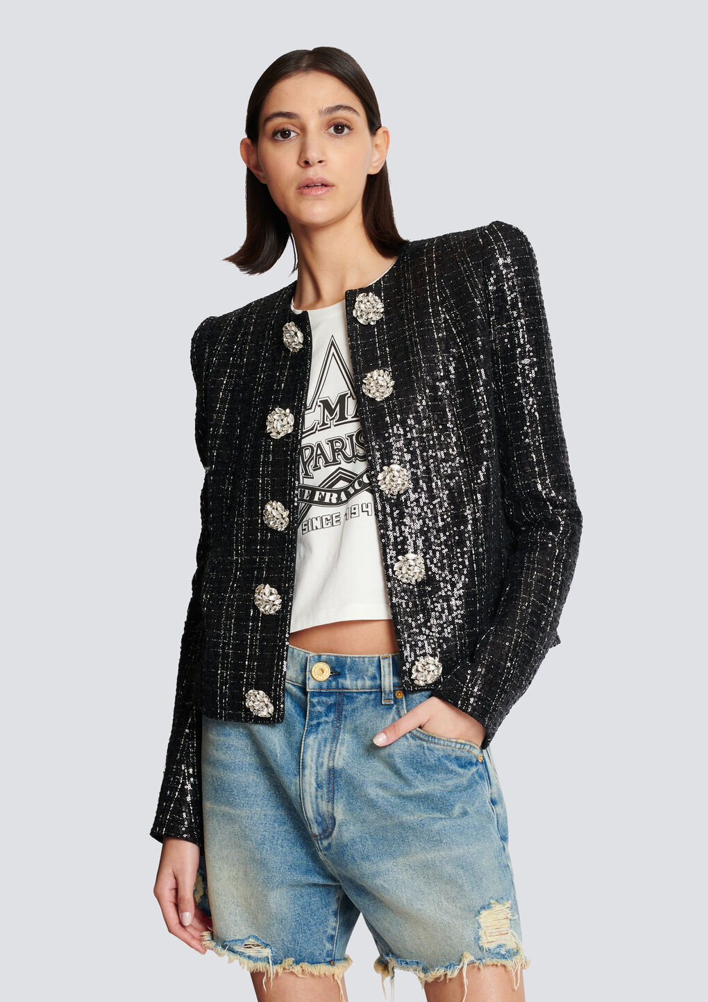 Shop Balmain Glittery Tweed Jacket In Black