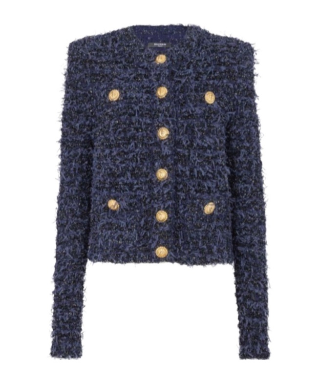 Balmain Blue Collarless Jacket With Gold Buttons In Tweed Woman In Black