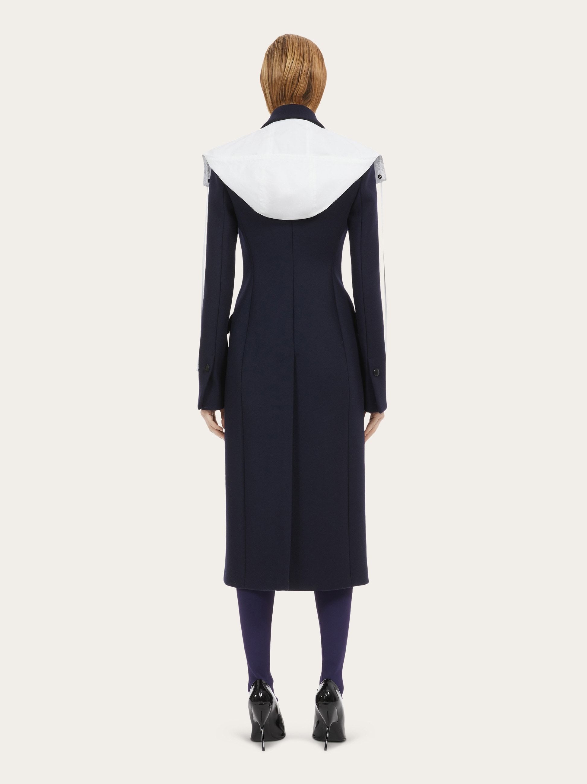 Ferragamo Long Blue Coat With Contrasting Detachable Hood In Wool Woman In Black