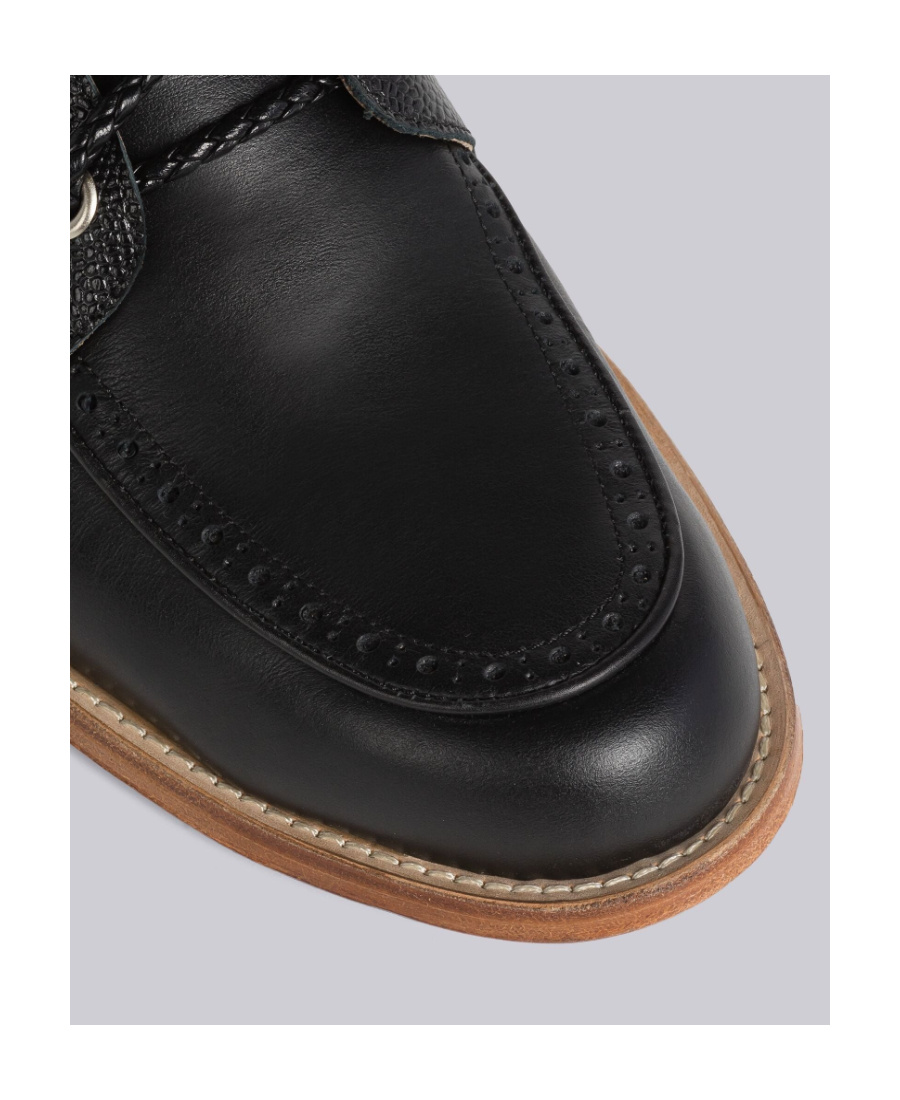 Thom Browne Polished Black Leather Loafers With Moc Toe Design And Lace Detail In Black