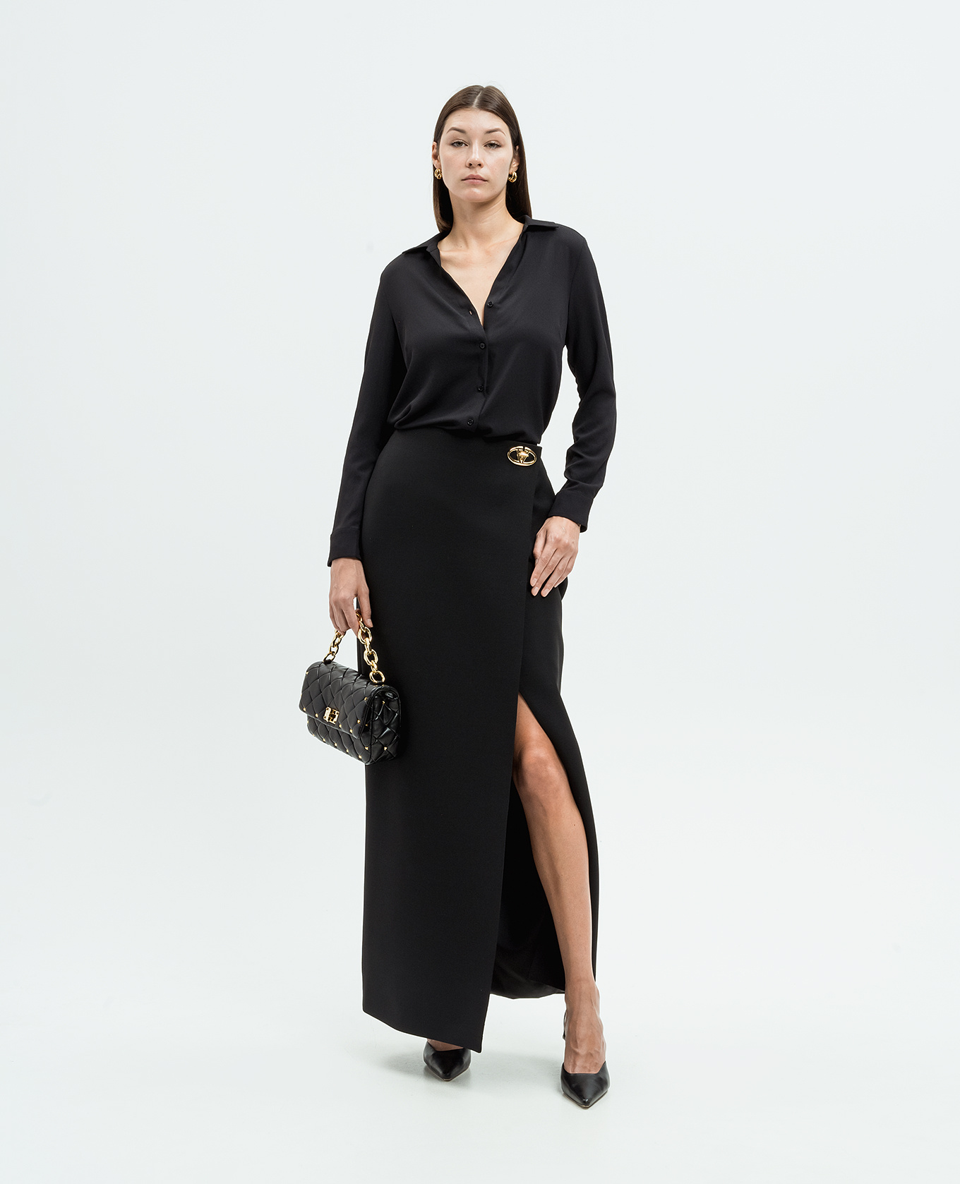 Valentino Crepe Couture Maxi Skirt With Front Slit In Black