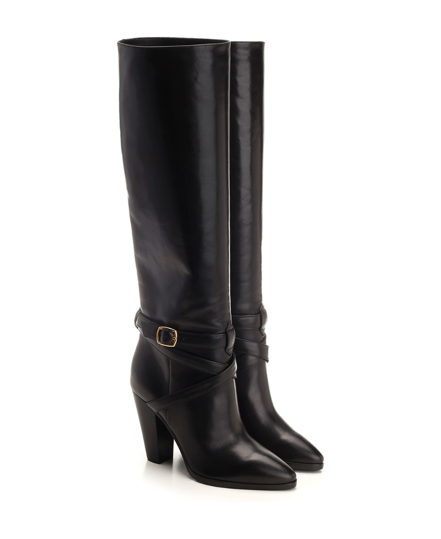 Celine Knee-length Wilters Leather Boots With Ankle Strap 10cm In Black