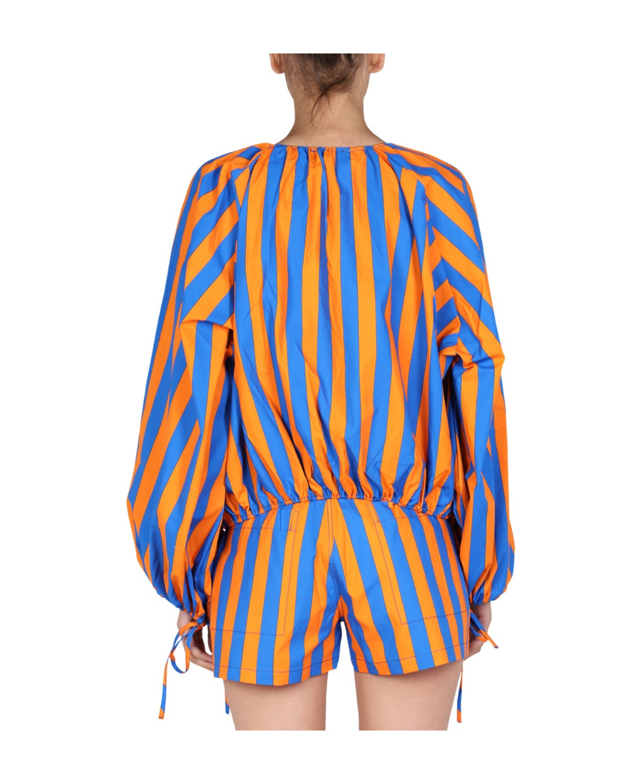 Shop Sunnei Striped Printed Puff-sleeved Blouse In Blue