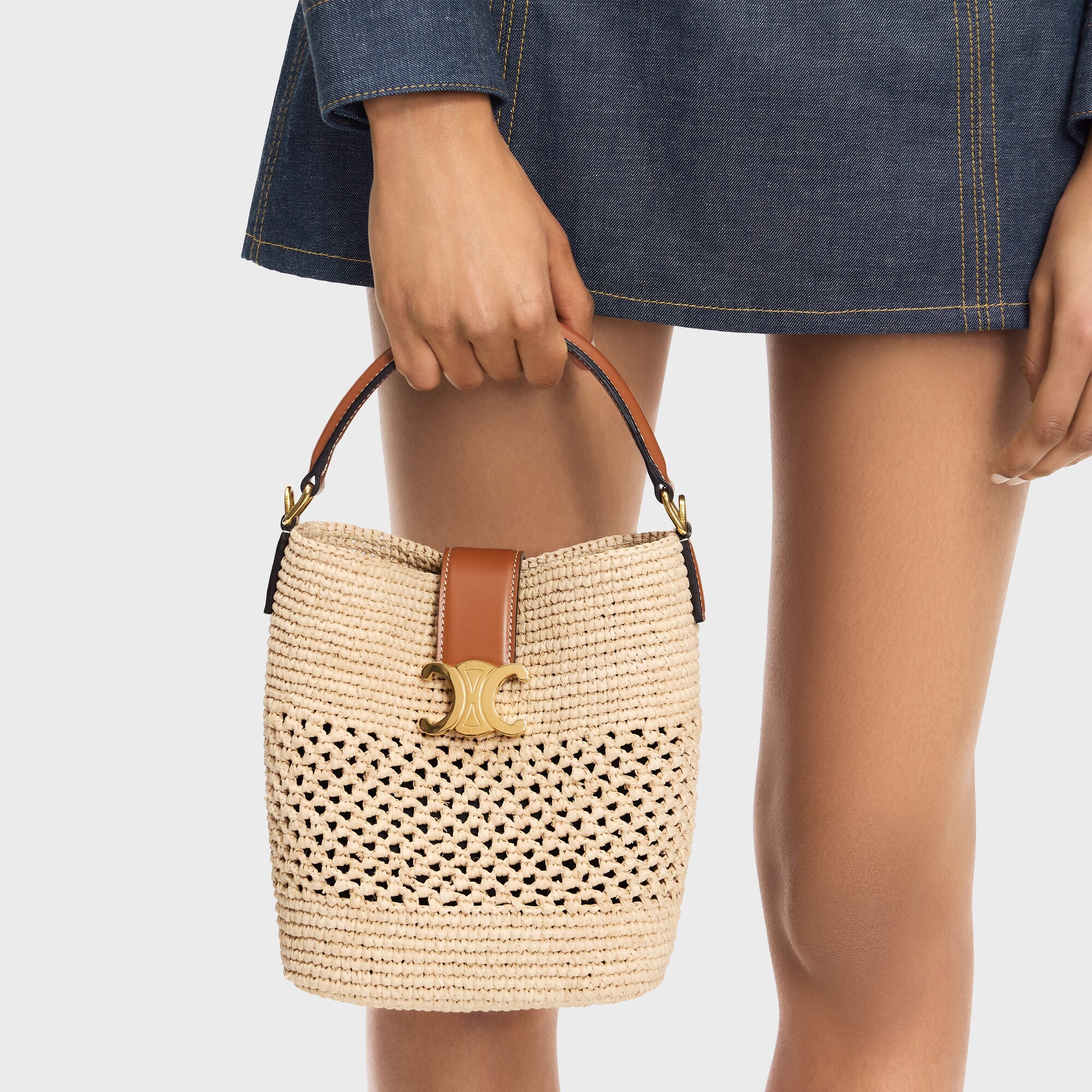 Celine Small Louise Bucket In Raffia And Calfskin In Natural/tan
