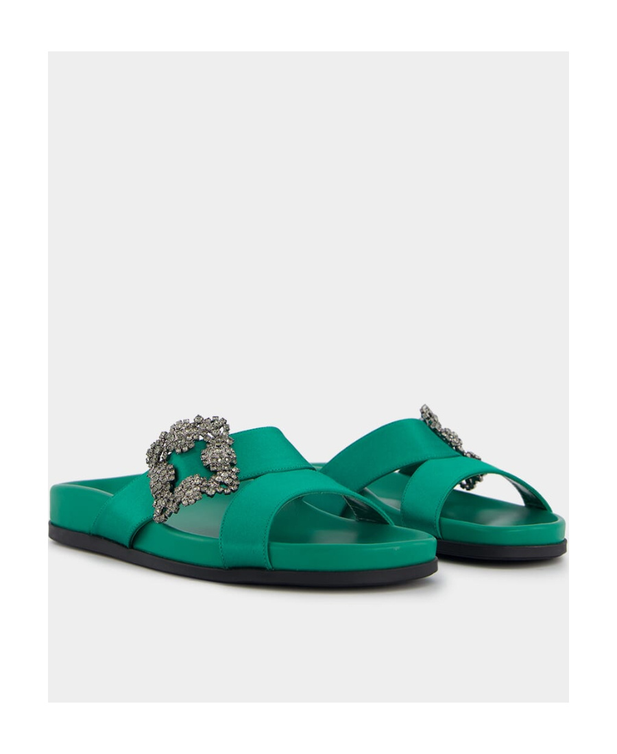 Manolo Blahnik Chilanghi Crystal Buckle Slide Sandals In Green