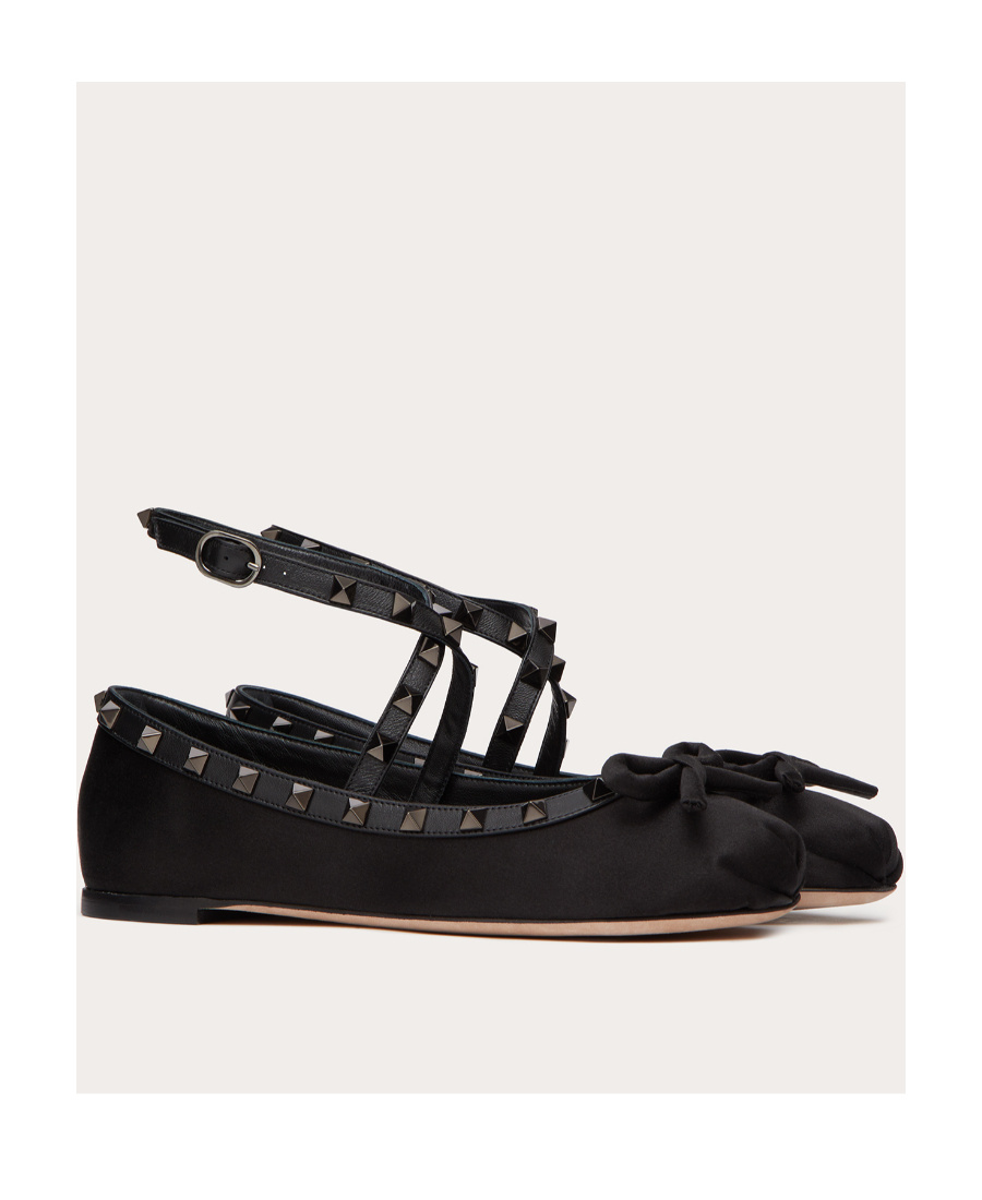 Valentino Garavani Rockstud-strap Satin Ballerinas In Black