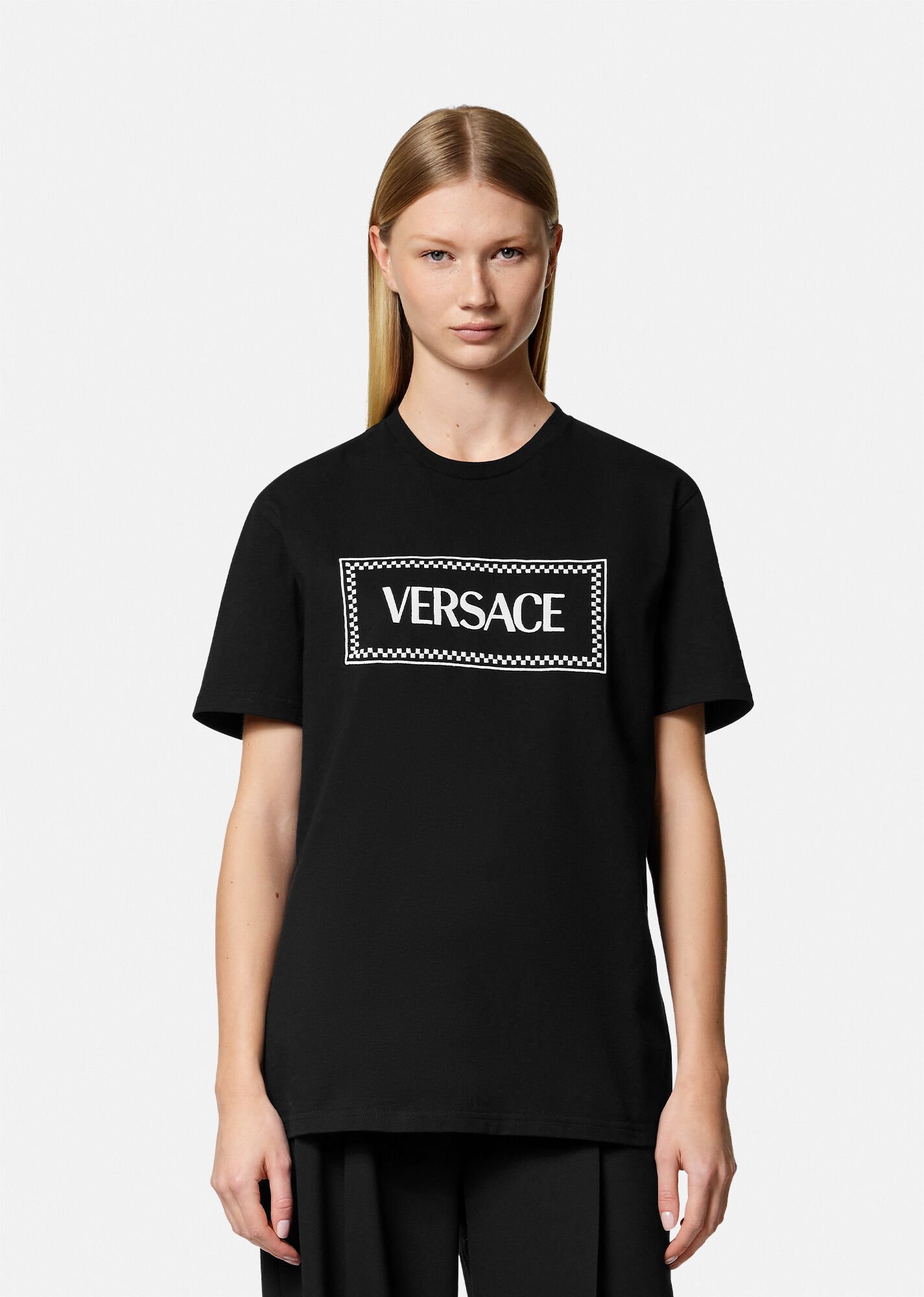 Shop Versace Logo-embroidered Cotton T-shirt In Black