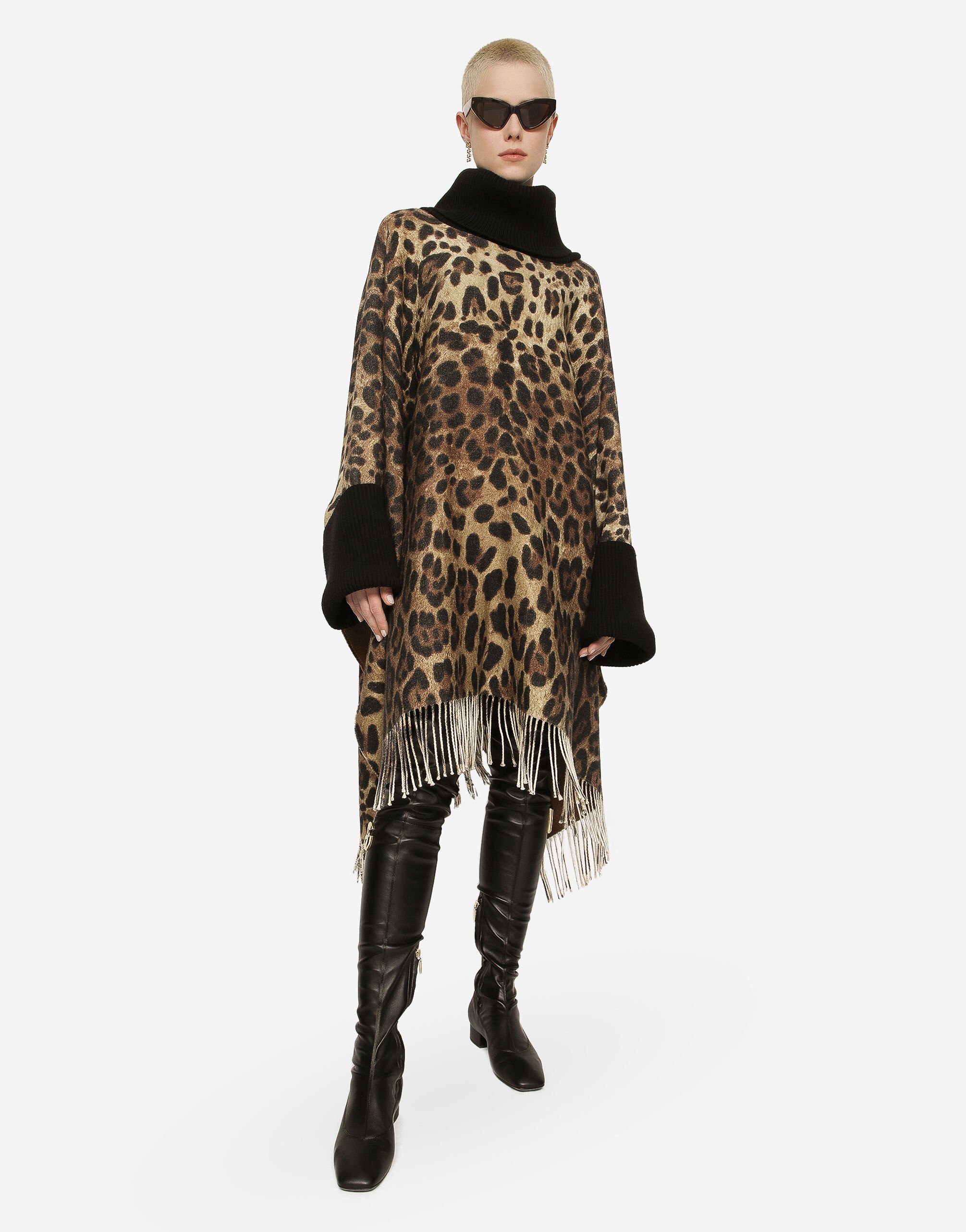 Dolce & Gabbana Leopard-print Fringed Poncho In Black