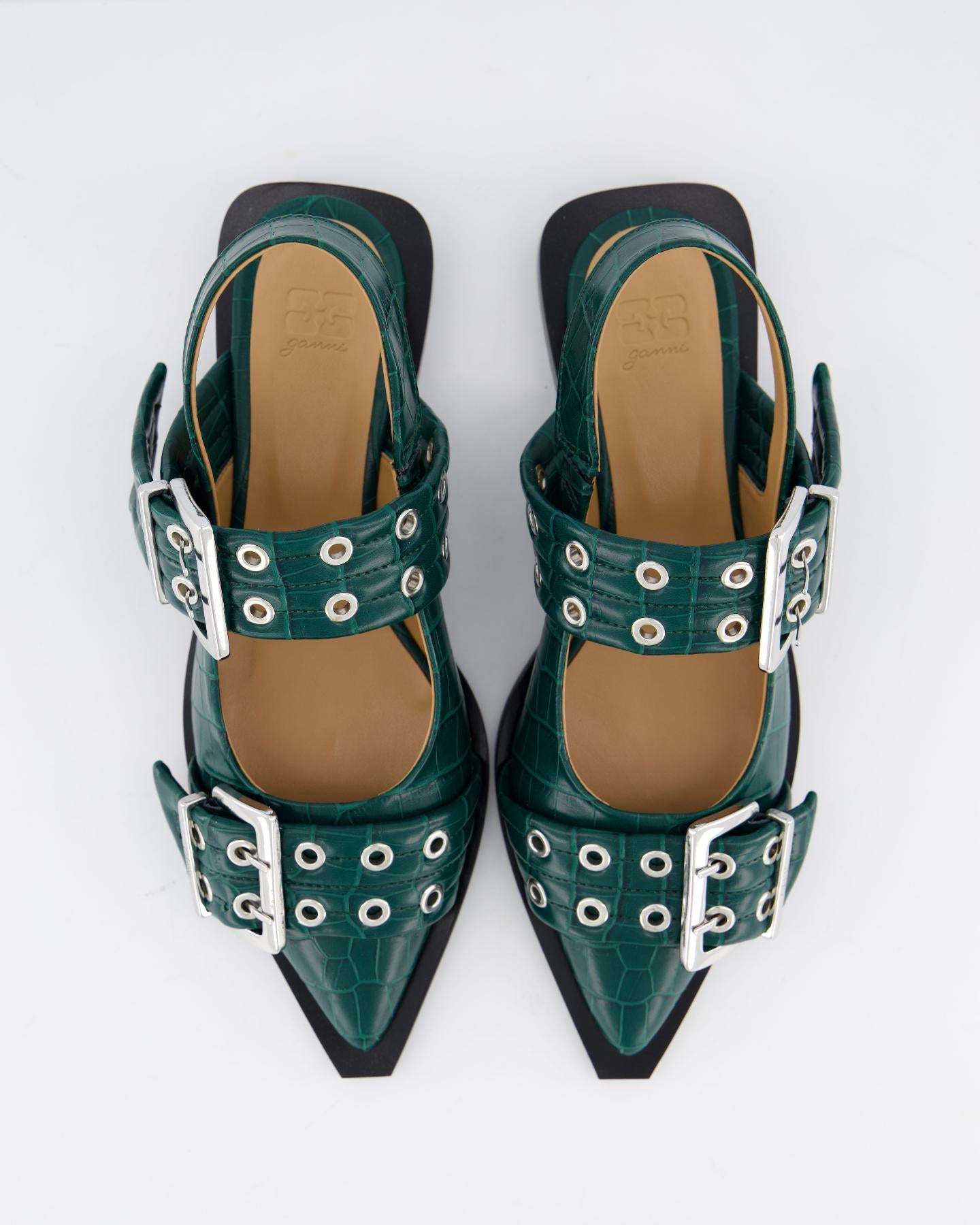 Ganni Thick Buckle Ballet Shoes In Green