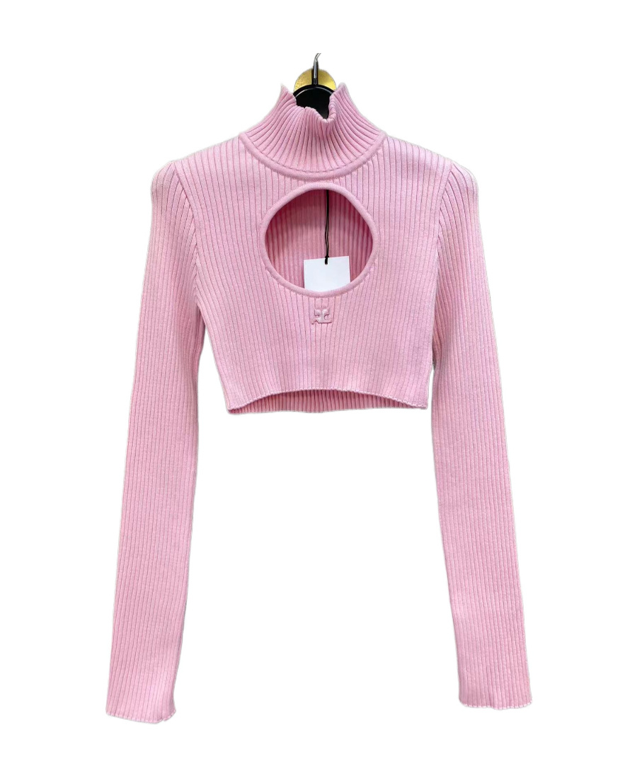 Courrèges Pink Circle Mockneck Ribbed Crop Top In Pink