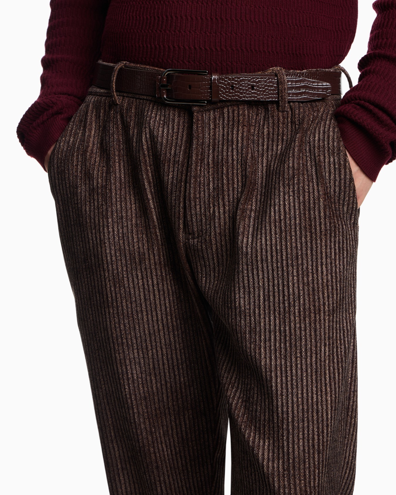 Emporio Armani Regular Fit Textured Brown Stretch Pants In Brown