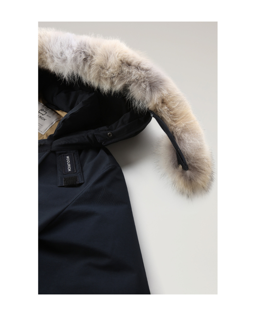 Woolrich Blue Down Filled Jacket With Fur Hood In Black