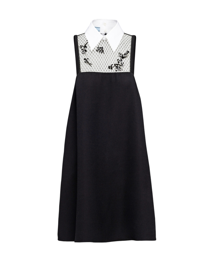 PRADA CADY AND EMBROIDERED MESH MINI-DRESS