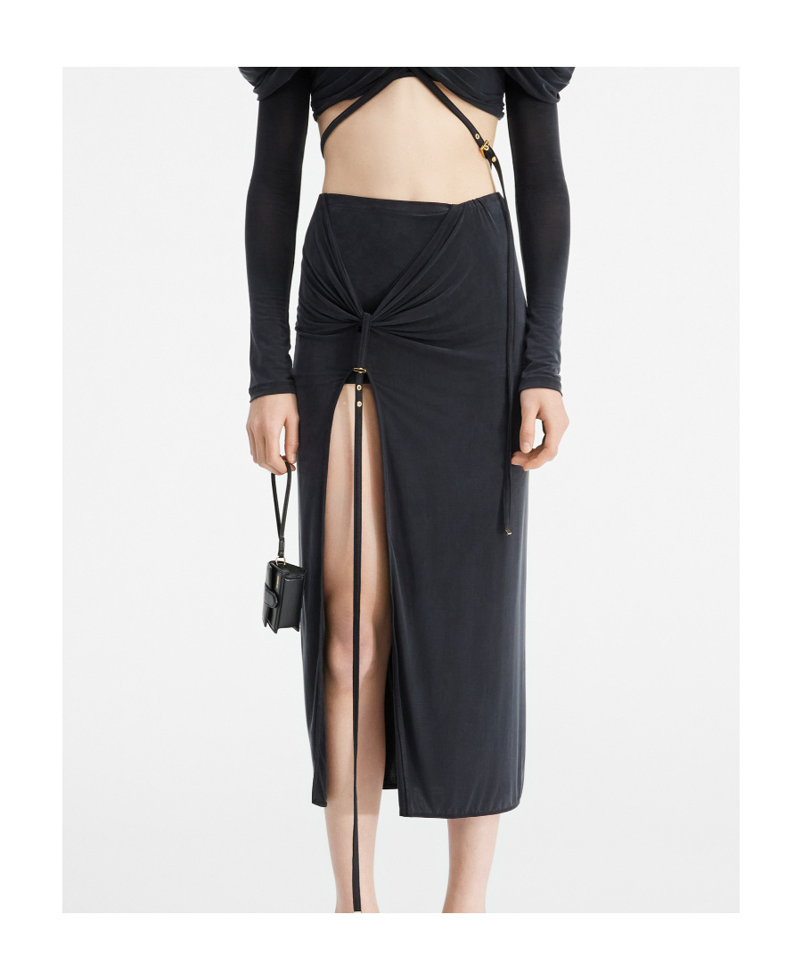 Jacquemus Pareo Croissant Buckle Slit Long Skirt In Black