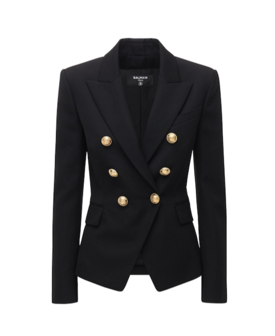 Balmain Black Double-breasted Jacket With Branded Buttons And Asymmetric Cut In Wool Woman