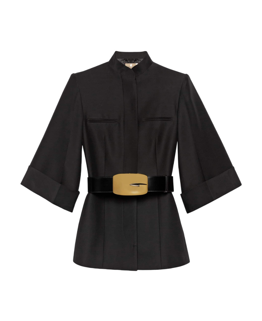 Gucci Belted Waist Tailored Silk Jacket In Black