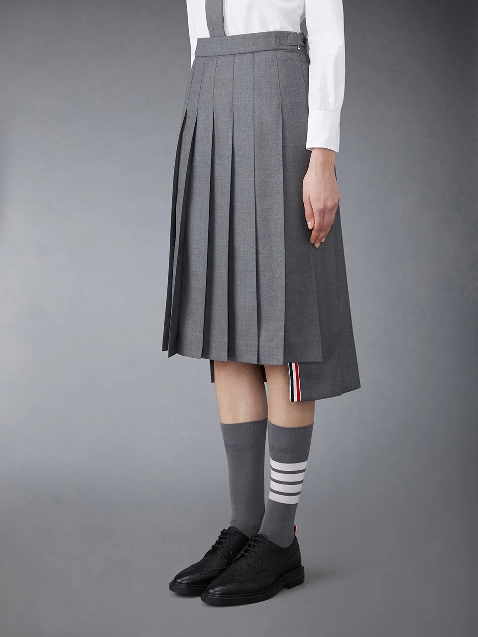 Thom Browne Medium Grey School Uniform Plain Weave Below-the-knee Pleated Skirt In Gray