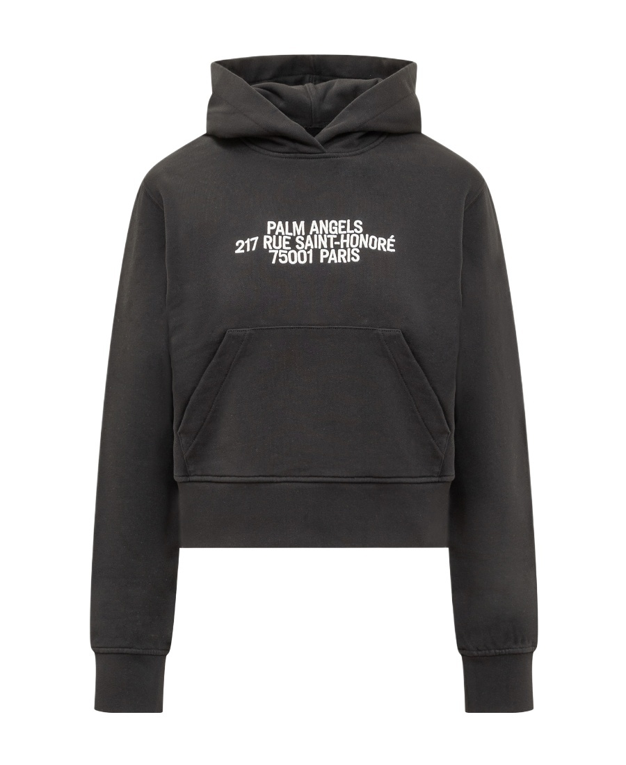 Palm Angels Cropped Black Pullover Hoodie With Front Kangaroo Pocket In Black