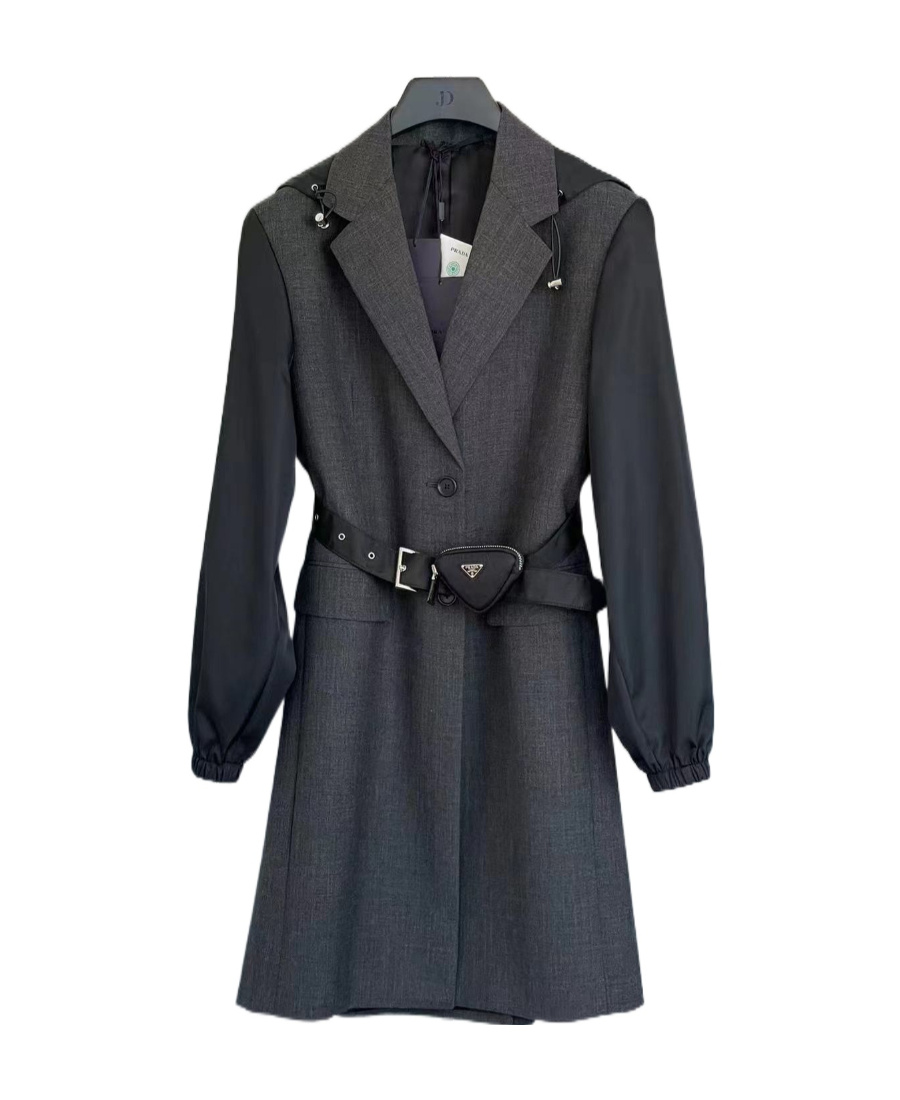 Prada Waistband Single-breasted Coat In Gray