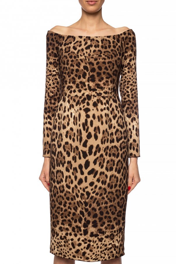 Shop Dolce & Gabbana Off-the-shoulder Leopard Print Midi Dress In Brown