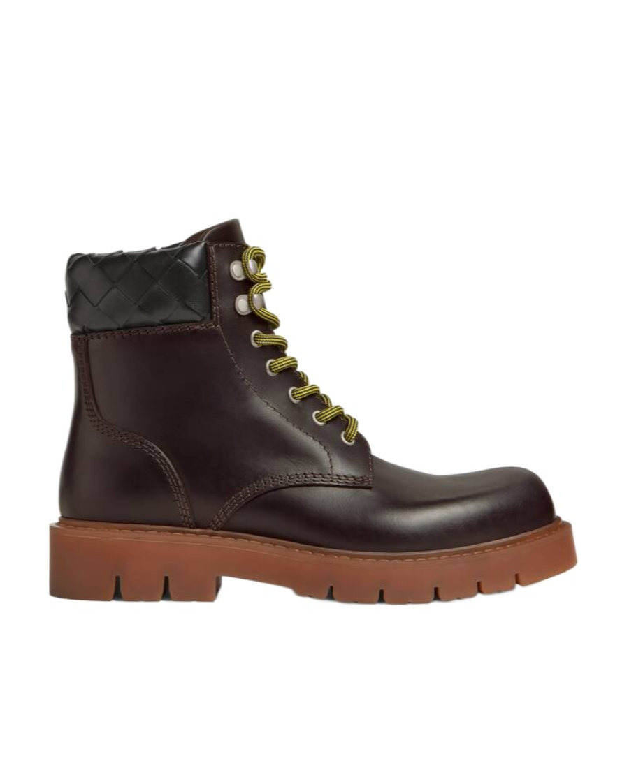 Bottega Veneta Haddock Calfskin Intrecciato Combat Booties In Brown