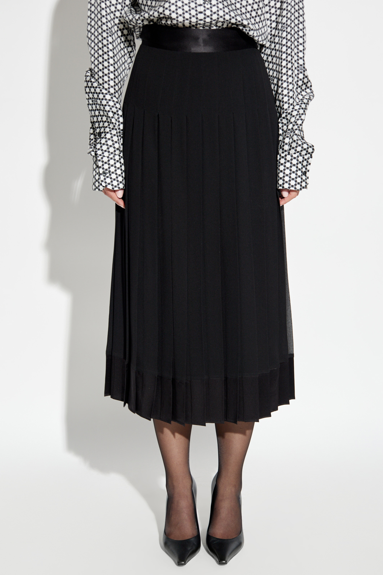Dolce & Gabbana High Waist Pleated Georgette Midi Skirt In Black