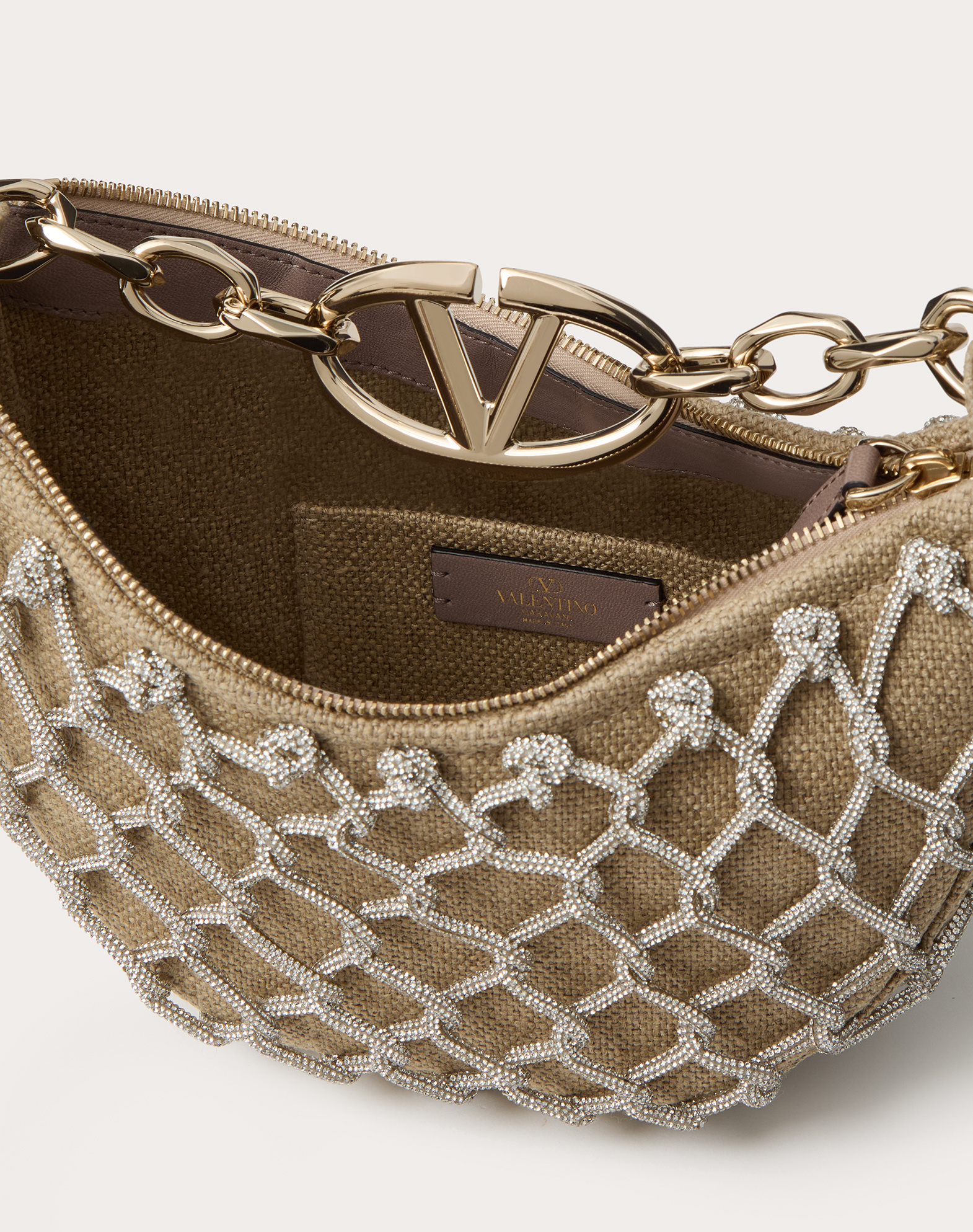 Valentino Vlogo Moon Mini Hobo Bag In Linen And Rhinestone Mesh With Chain In Brown