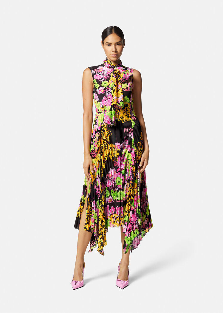 Versace Printed Plissé Crepe De Chine Midi Dress In Multicolor