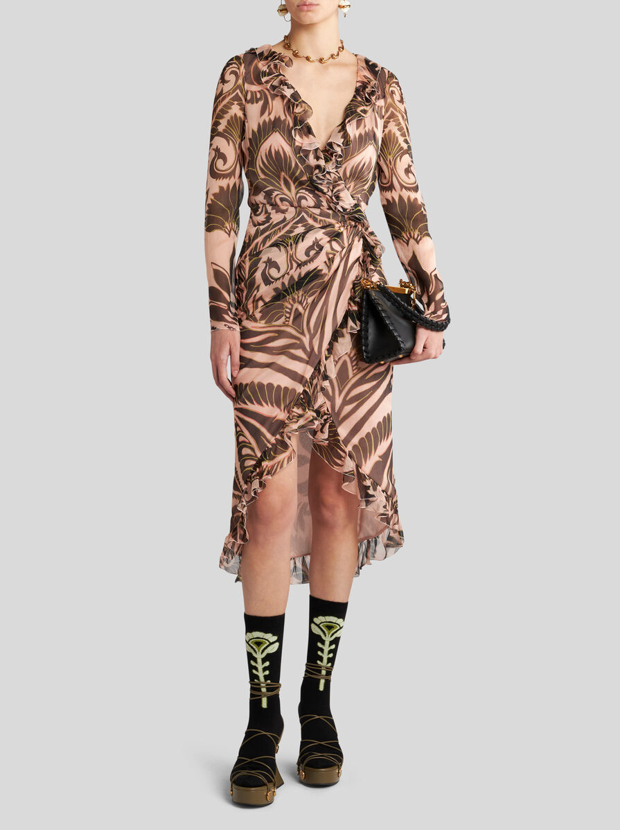Etro Printed Ruched Midi Dress In Silk In Nude