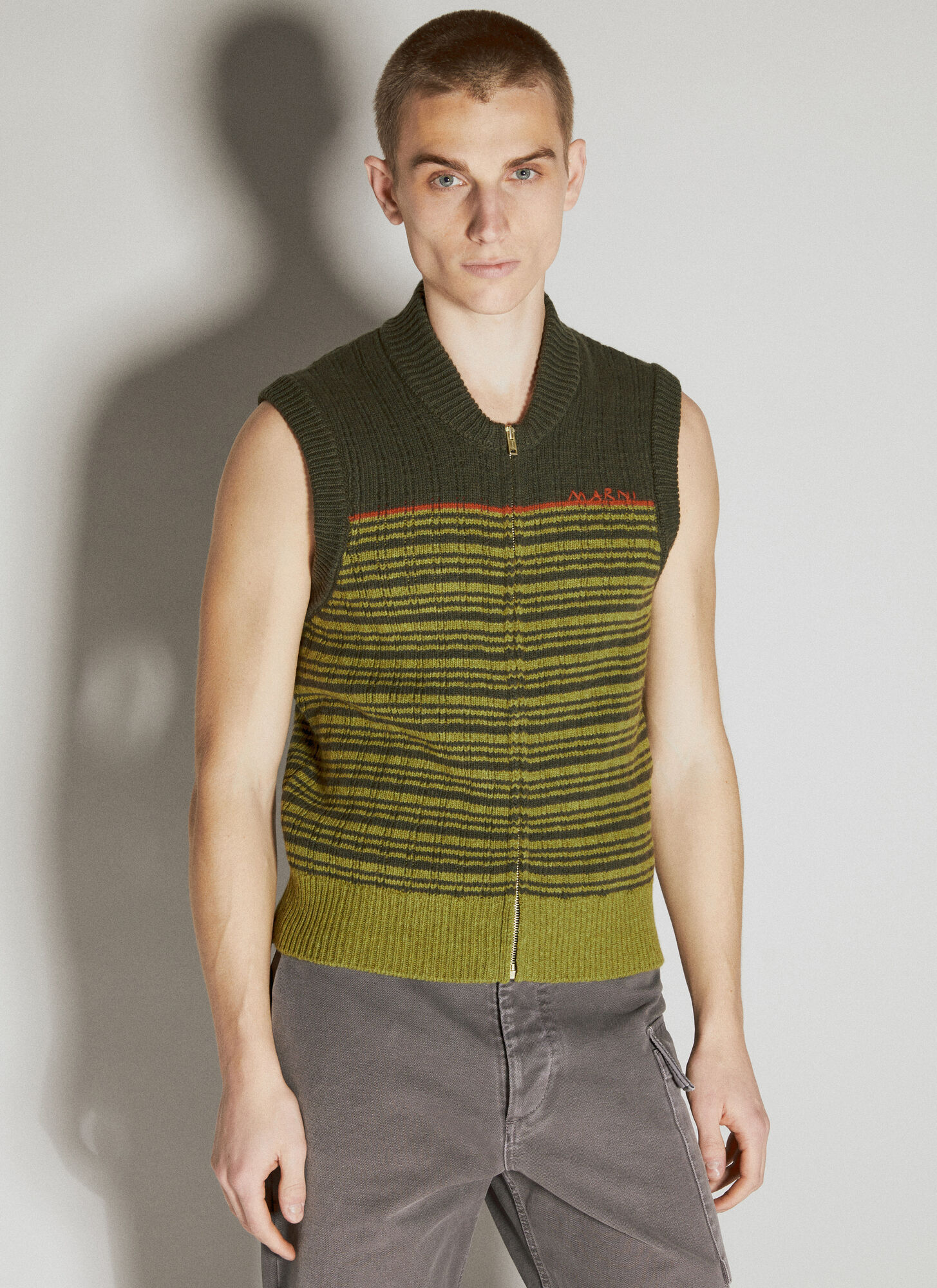 Shop Marni Zip-up Striped Knitted Gilet In Green
