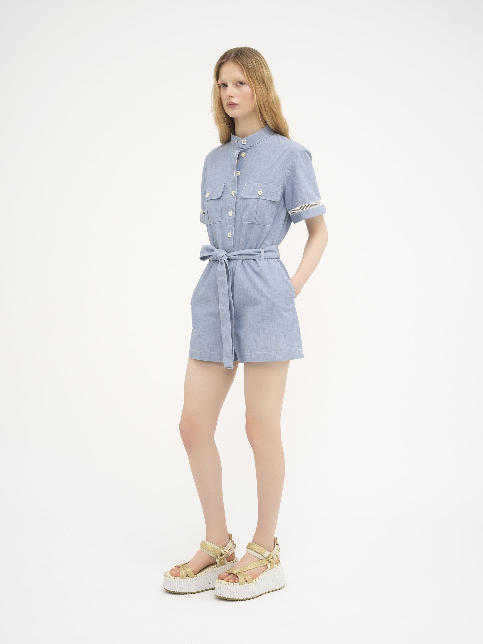 Chloé Button-down Short-sleeved Jumpsuit In Blue