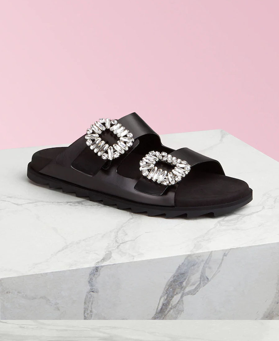 Roger Vivier Slidy Viv Crystal-embellished Leather Slides In Black
