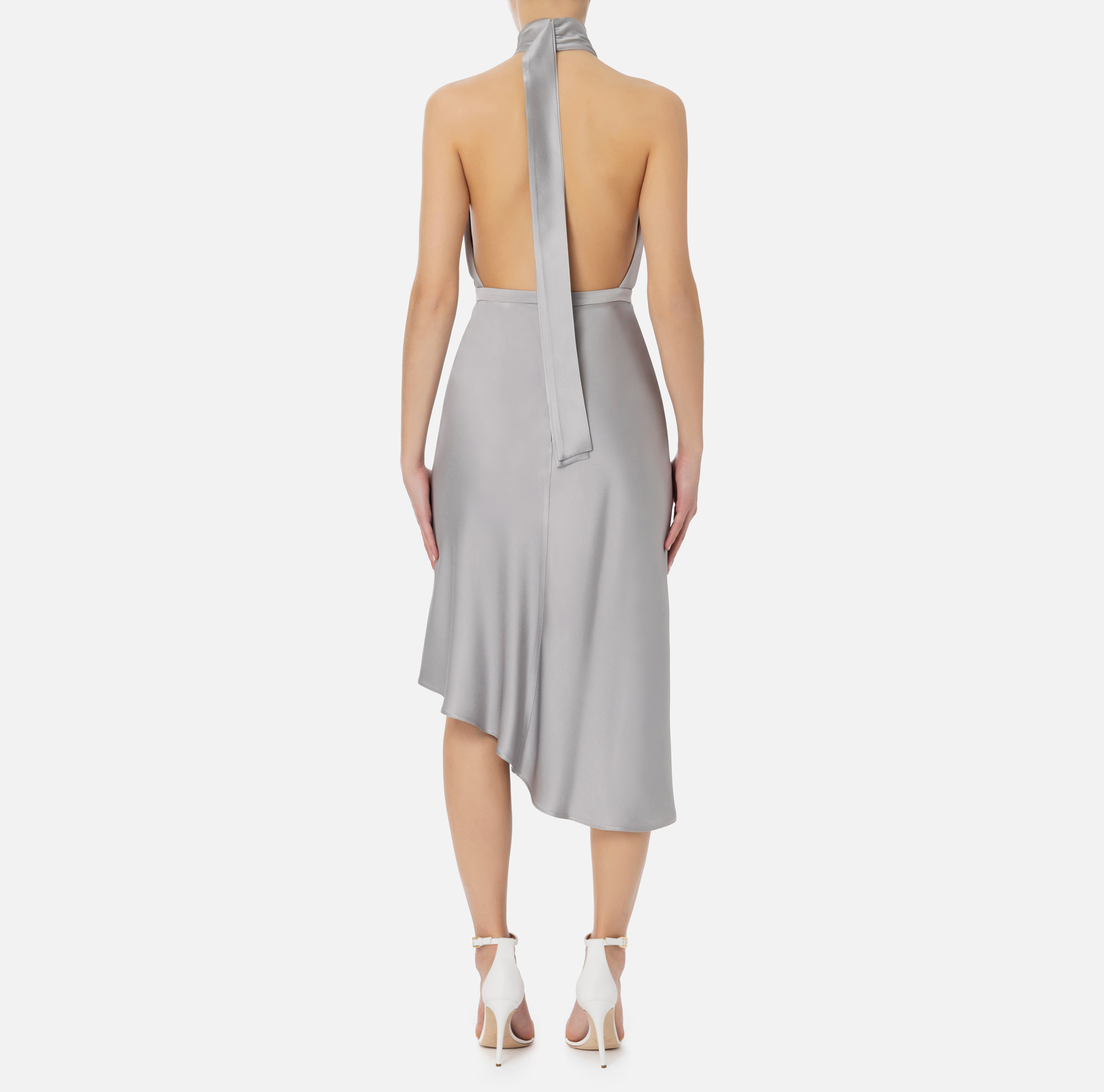 Elisabetta Franchi Satin Midi Dress With Asymmetric Skirt In Gray