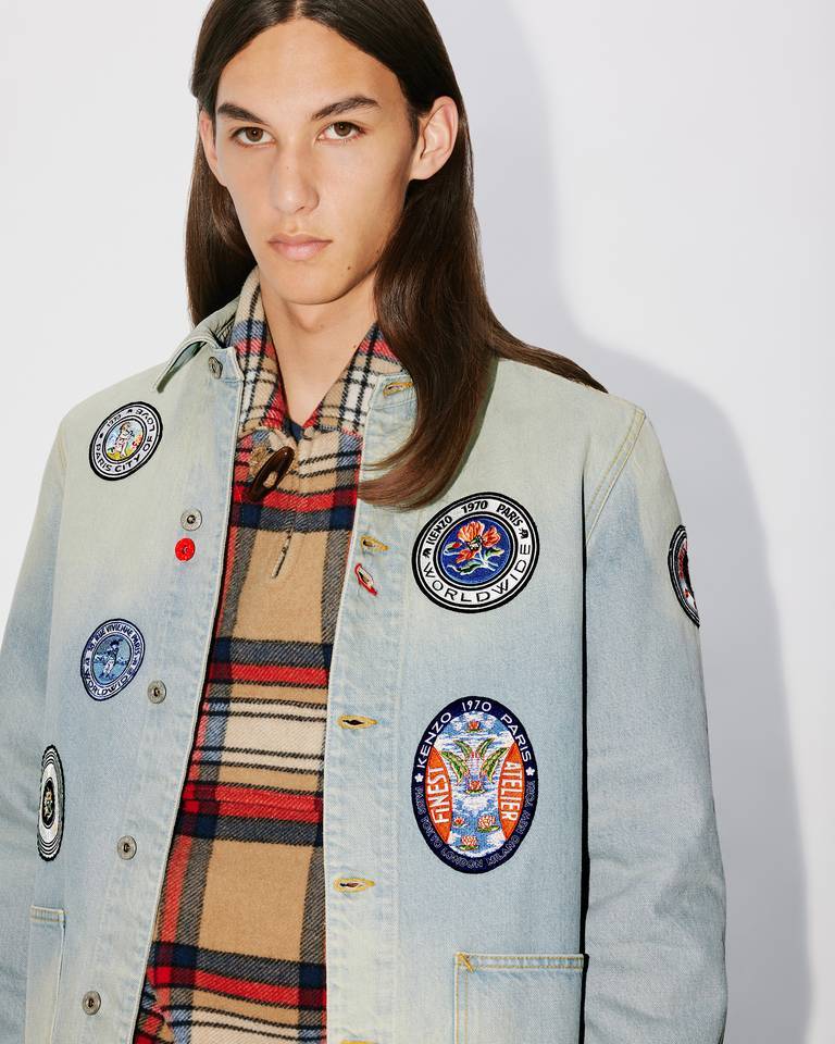 Kenzo Patch Detail Denim Blazer With Front Pockets In Medium Stone Blue Denim