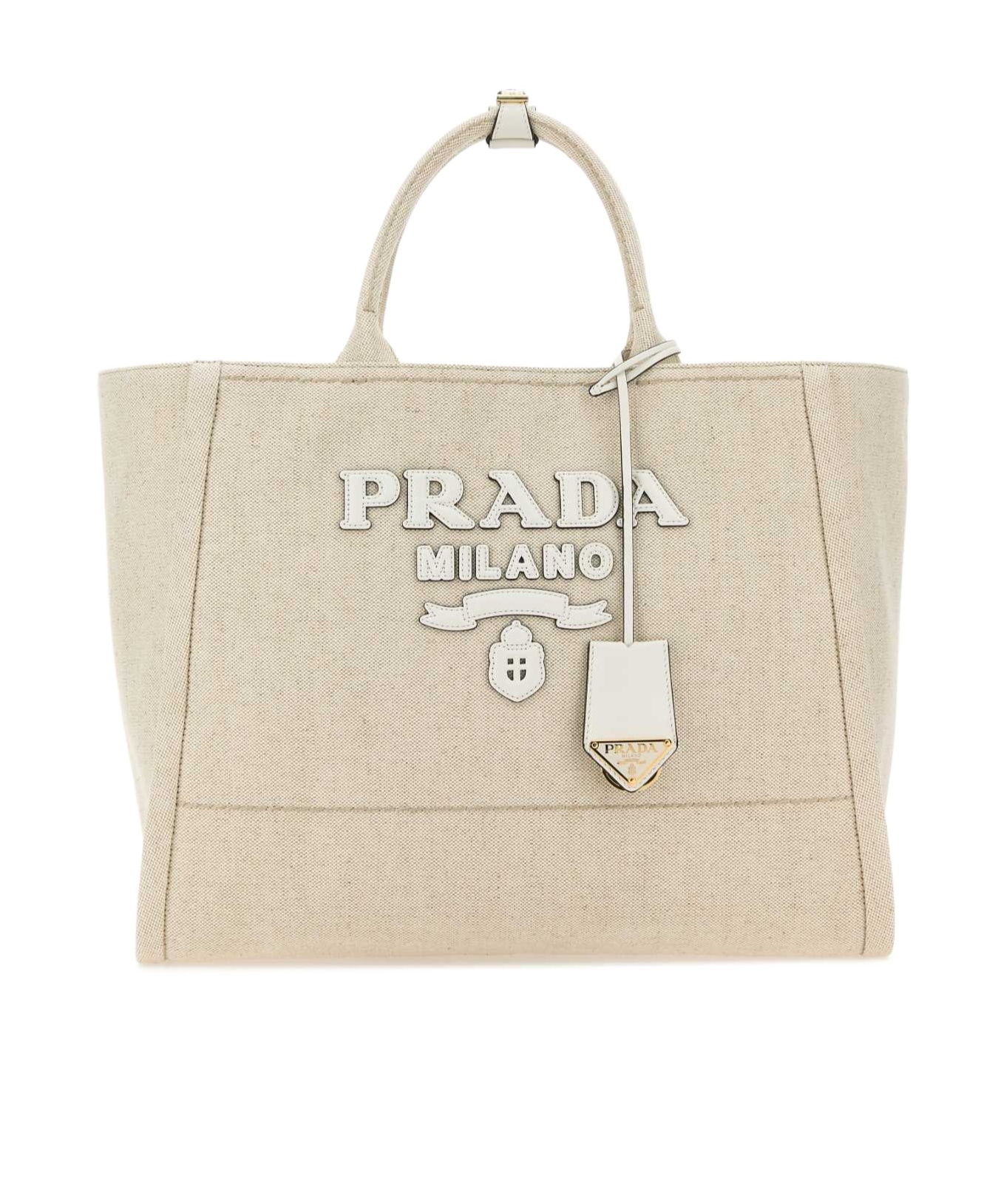 Prada Large Logo-appliqué Tote Bag In Tan / White