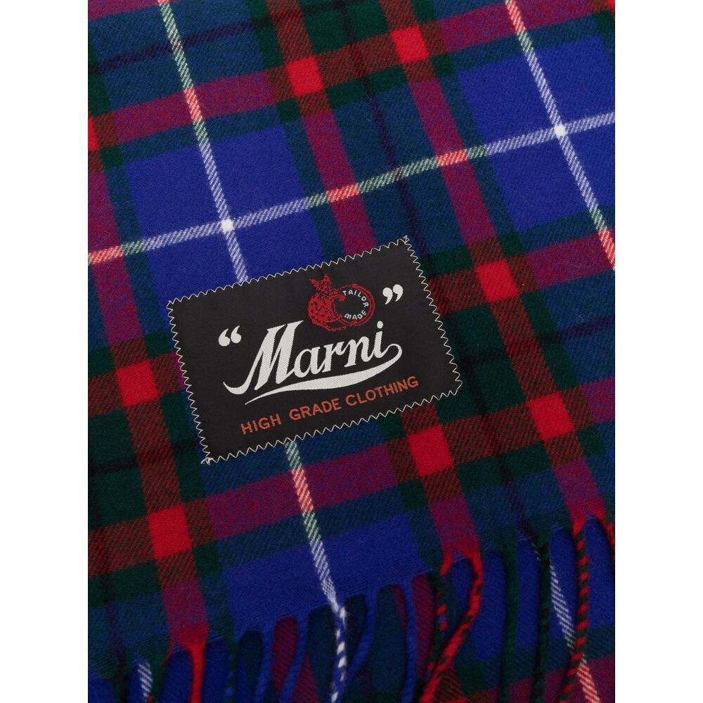 Marni Logo-patch Check Pattern Scarf In Blue