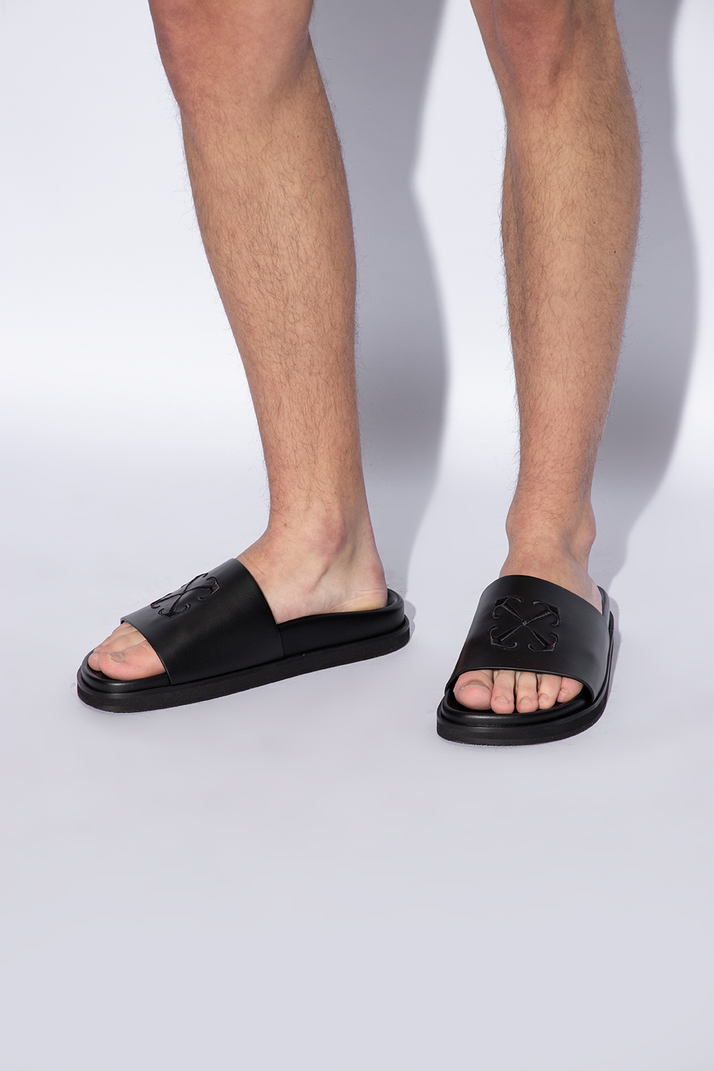 Shop Off-white Arrows-embroidered Leather Slippers In Black