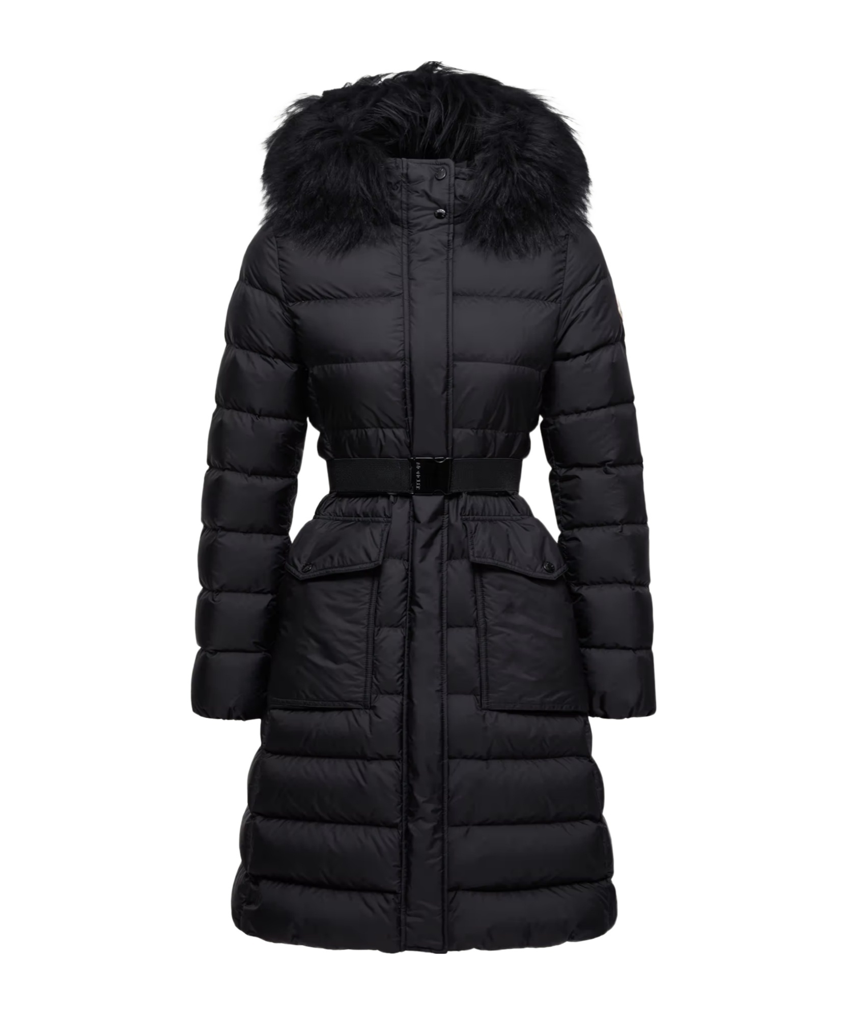 Moncler Khloesse Hooded Shearling-trimmed Long Down Jacket In Blue