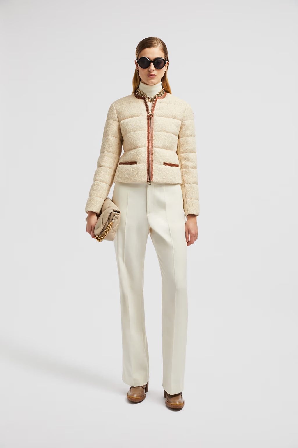 Moncler Serinde Leather-trimmed Quilted Wool-blend Bouclé Down Jacket In Nude
