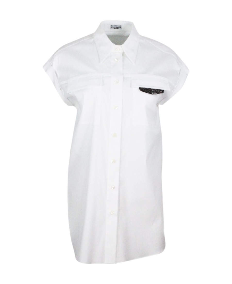 Brunello Cucinelli Sleeveless Shirt In Stretch Cotton With Front Pockets Embellished With Shiny Jewels In White